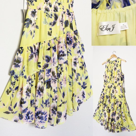 NEW Eliza J Floral Asymmetric Tiered Dress Plus 18 Citrus Yellow Halter - Picture 12 of 16